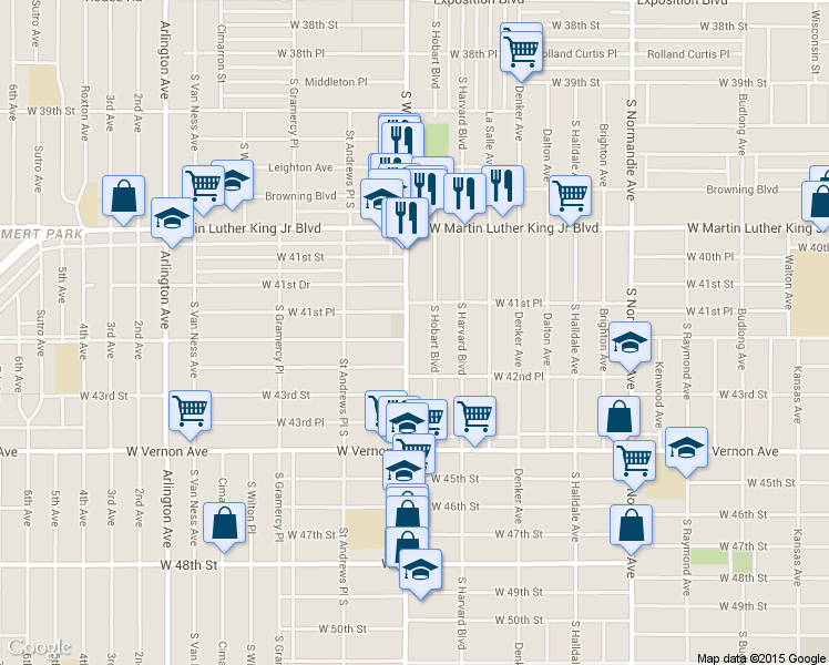map of restaurants, bars, coffee shops, grocery stores, and more near 4163 South Hobart Boulevard in Los Angeles