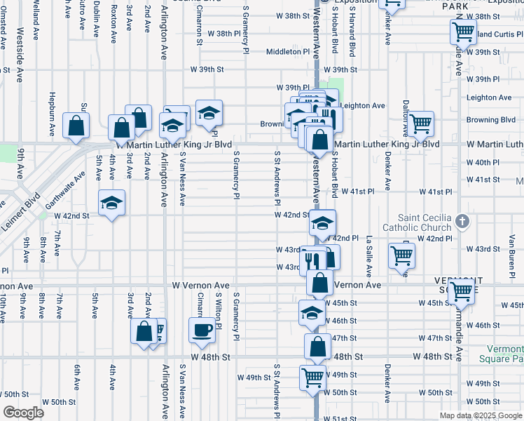 map of restaurants, bars, coffee shops, grocery stores, and more near 1828 West 41st Place in Los Angeles