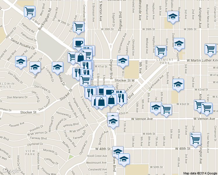 map of restaurants, bars, coffee shops, grocery stores, and more near 4212 South Norton Avenue in Los Angeles