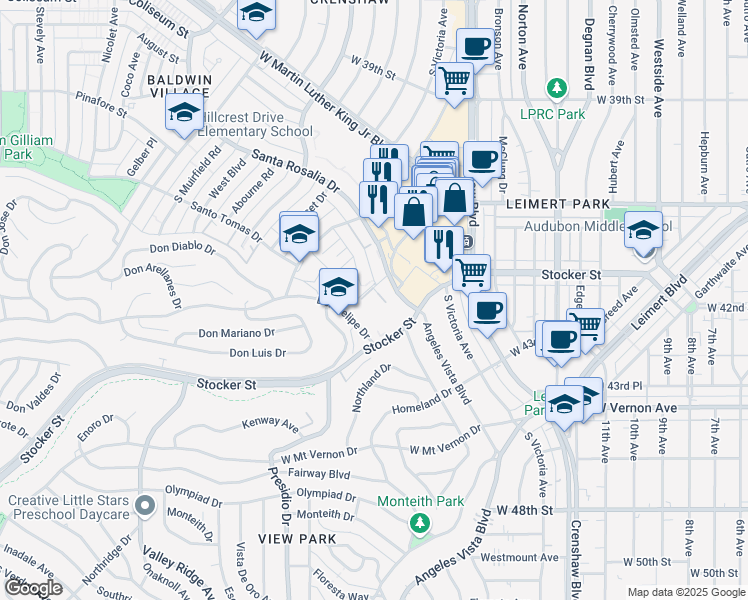 map of restaurants, bars, coffee shops, grocery stores, and more near 3749 Lockland Drive in Los Angeles