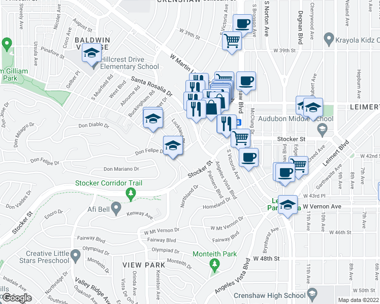 map of restaurants, bars, coffee shops, grocery stores, and more near 3749 Lockland Drive in Los Angeles