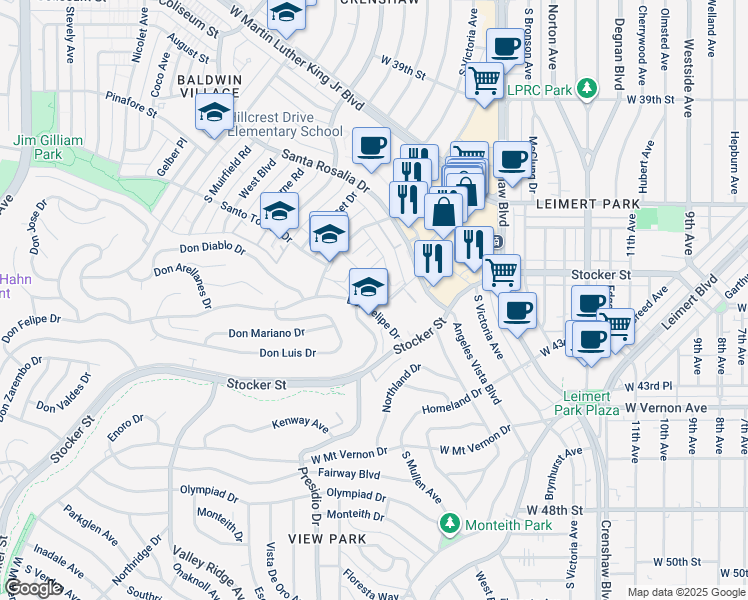 map of restaurants, bars, coffee shops, grocery stores, and more near 3737 Don Felipe Drive in Los Angeles