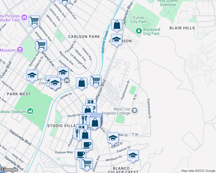 map of restaurants, bars, coffee shops, grocery stores, and more near 7212 Raintree Circle in Culver City