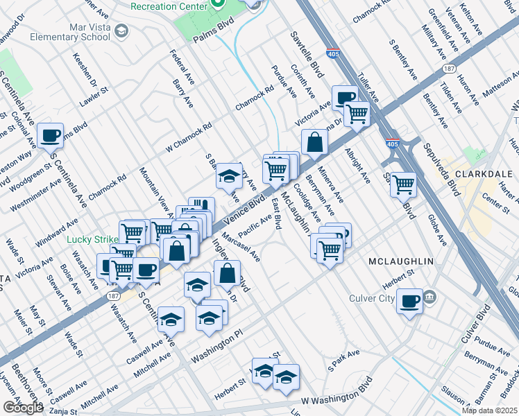 map of restaurants, bars, coffee shops, grocery stores, and more near 11811 California 187 in Los Angeles