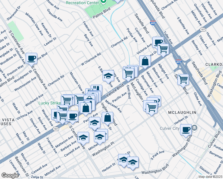 map of restaurants, bars, coffee shops, grocery stores, and more near 11811 California 187 in Los Angeles
