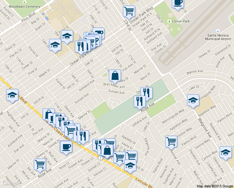 map of restaurants, bars, coffee shops, grocery stores, and more near 3117 17th Street in Santa Monica
