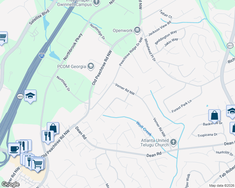 map of restaurants, bars, coffee shops, grocery stores, and more near 939 Falcon Crest Drive in Lawrenceville