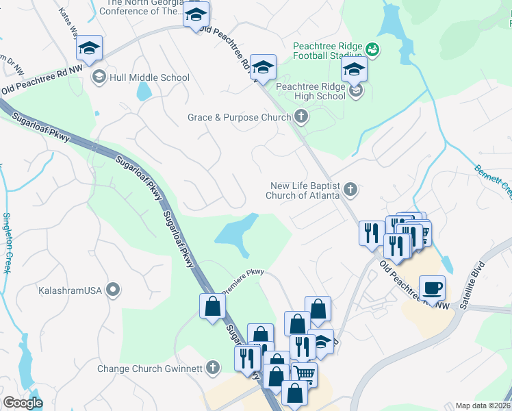 map of restaurants, bars, coffee shops, grocery stores, and more near 1610 Briergate Drive in Duluth