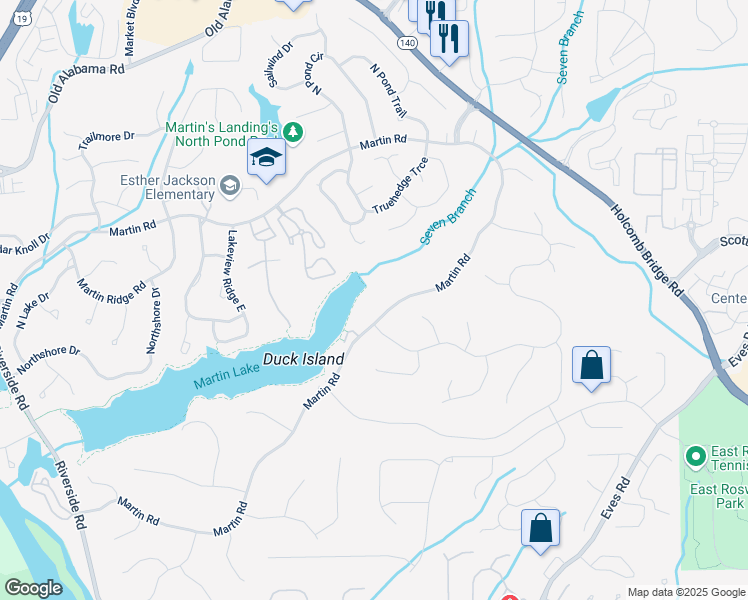 map of restaurants, bars, coffee shops, grocery stores, and more near 9295 Martin Road in Roswell
