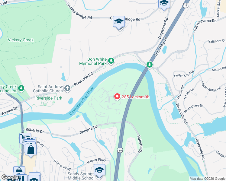 map of restaurants, bars, coffee shops, grocery stores, and more near 2906 Queen Anne Court in Atlanta