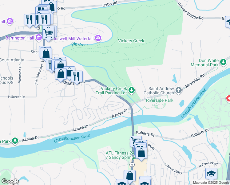 map of restaurants, bars, coffee shops, grocery stores, and more near 115 South Atlanta Street in Roswell