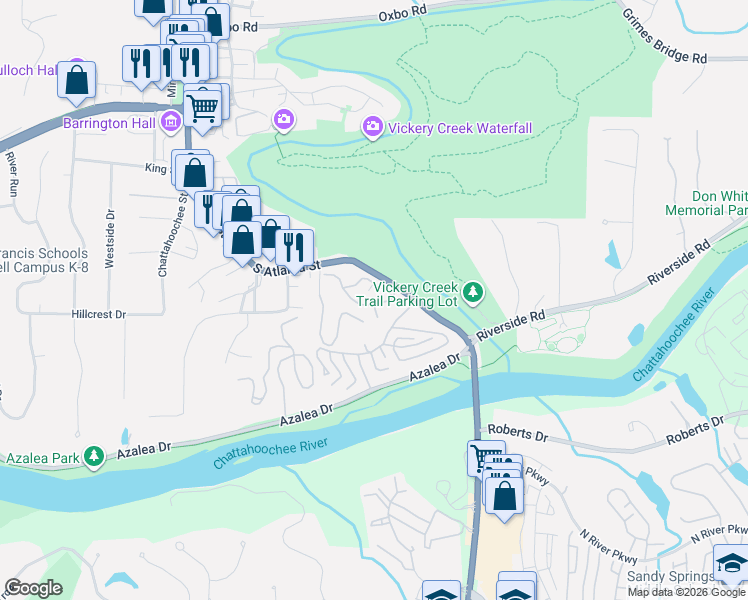 map of restaurants, bars, coffee shops, grocery stores, and more near 905 River Mill Circle in Roswell