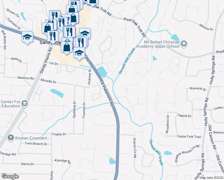 map of restaurants, bars, coffee shops, grocery stores, and more near 2360 East Piedmont Road in Marietta