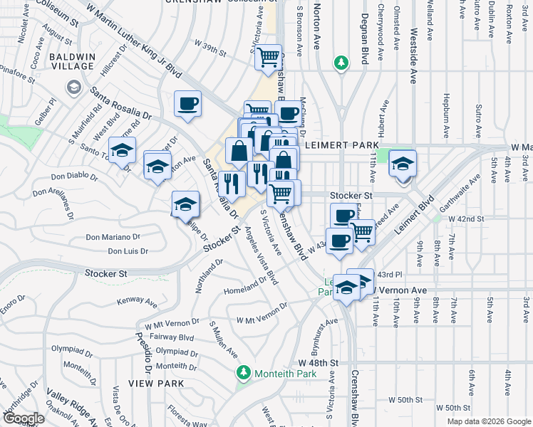 map of restaurants, bars, coffee shops, grocery stores, and more near 4116 South Victoria Avenue in Los Angeles