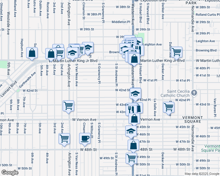 map of restaurants, bars, coffee shops, grocery stores, and more near 1828 West 41st Place in Los Angeles