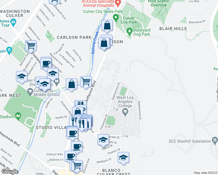 map of restaurants, bars, coffee shops, grocery stores, and more near 5011 Showboat Place in Culver City