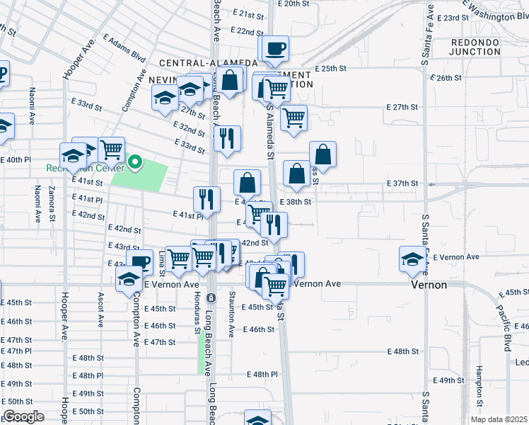 map of restaurants, bars, coffee shops, grocery stores, and more near 4121 Alameda Street in Los Angeles
