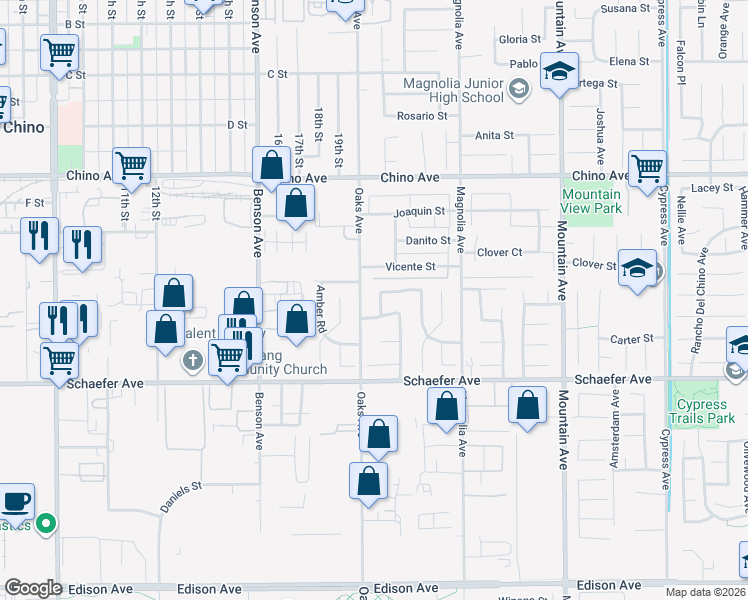 map of restaurants, bars, coffee shops, grocery stores, and more near 13536 Sycamore Lane in Chino