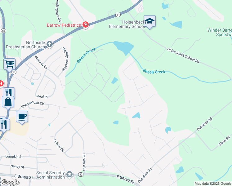 map of restaurants, bars, coffee shops, grocery stores, and more near 1308 Calgary Lake Drive in Winder