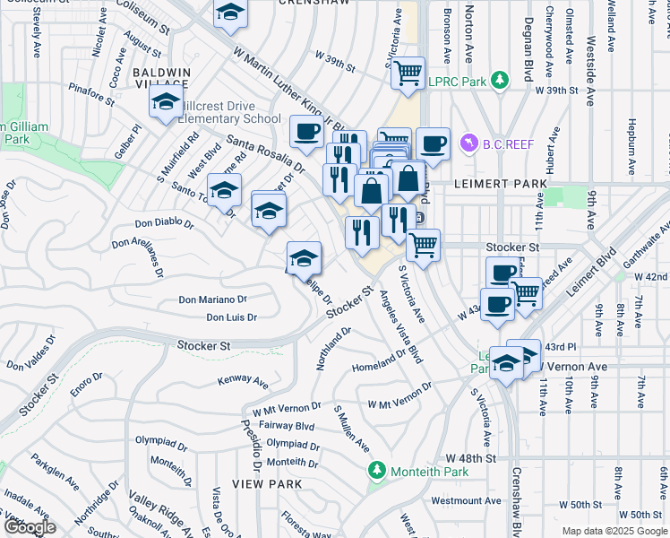 map of restaurants, bars, coffee shops, grocery stores, and more near 3740 Santa Rosalia Drive in Los Angeles