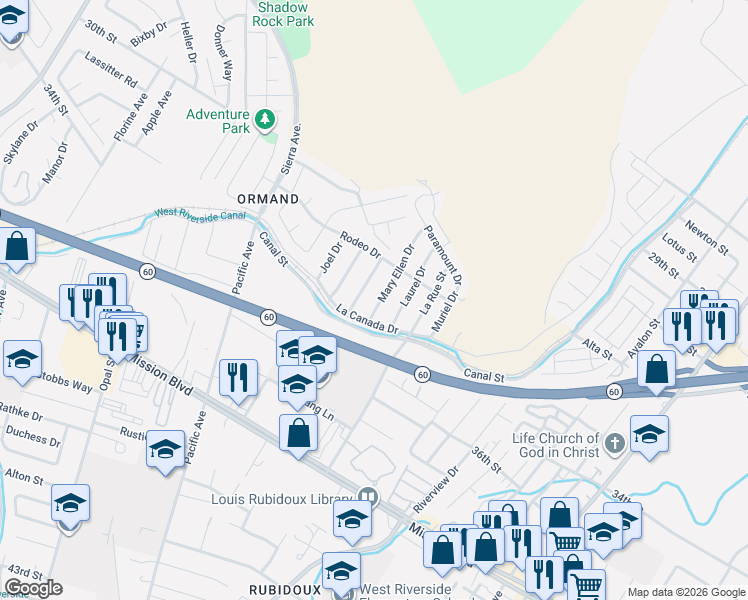 map of restaurants, bars, coffee shops, grocery stores, and more near 3323 Mary Ellen Drive in Riverside