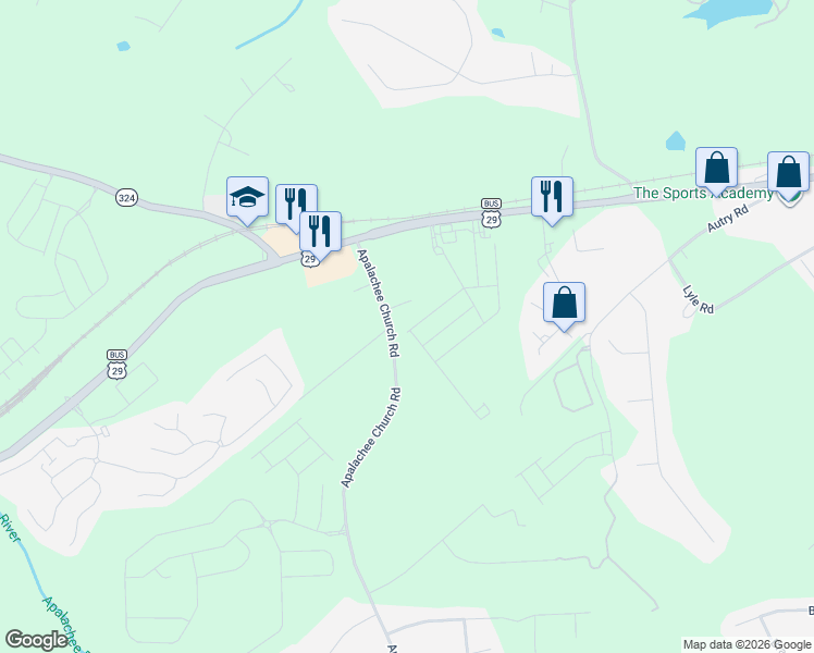 map of restaurants, bars, coffee shops, grocery stores, and more near 40 Appalachee Church Road in Auburn