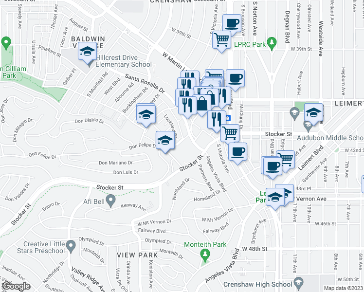 map of restaurants, bars, coffee shops, grocery stores, and more near 3749 Lockland Drive in Los Angeles