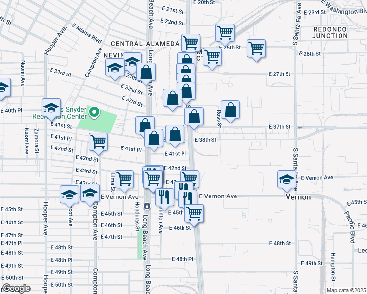map of restaurants, bars, coffee shops, grocery stores, and more near 4121 Alameda Street in Los Angeles