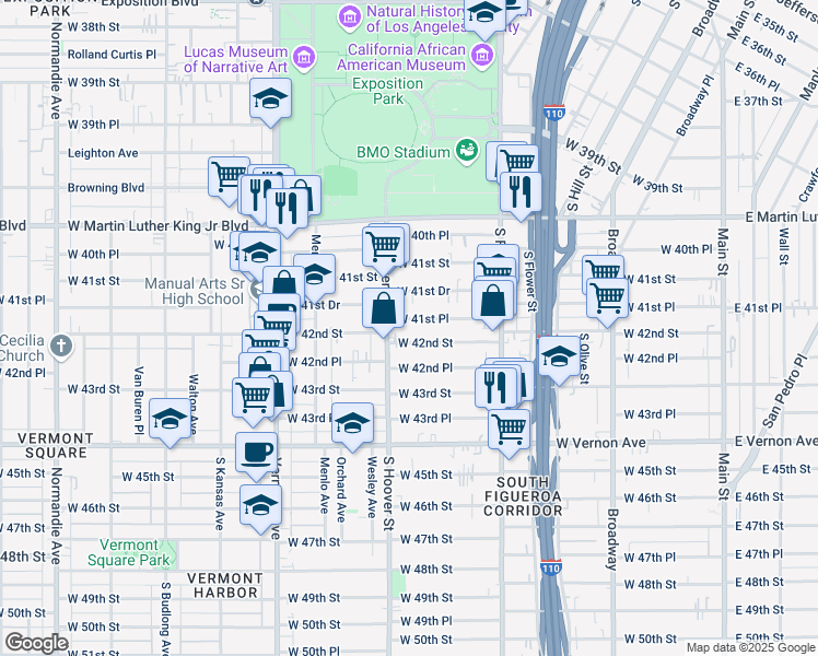 map of restaurants, bars, coffee shops, grocery stores, and more near 716 West 41st Place in Los Angeles