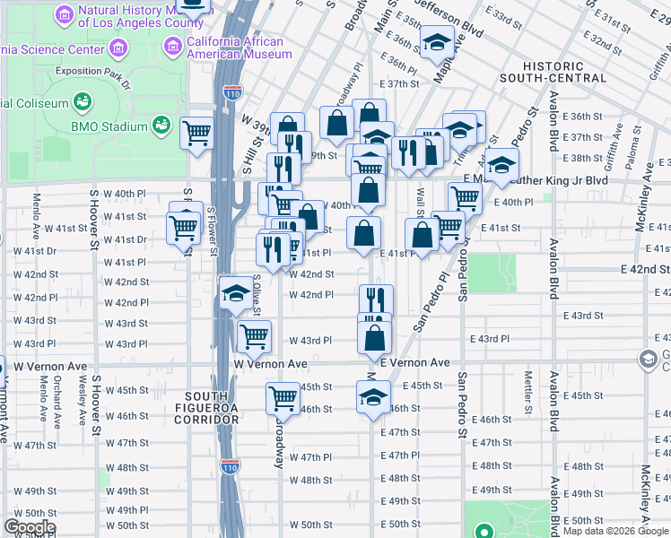 map of restaurants, bars, coffee shops, grocery stores, and more near 138 West 41st Place in Los Angeles