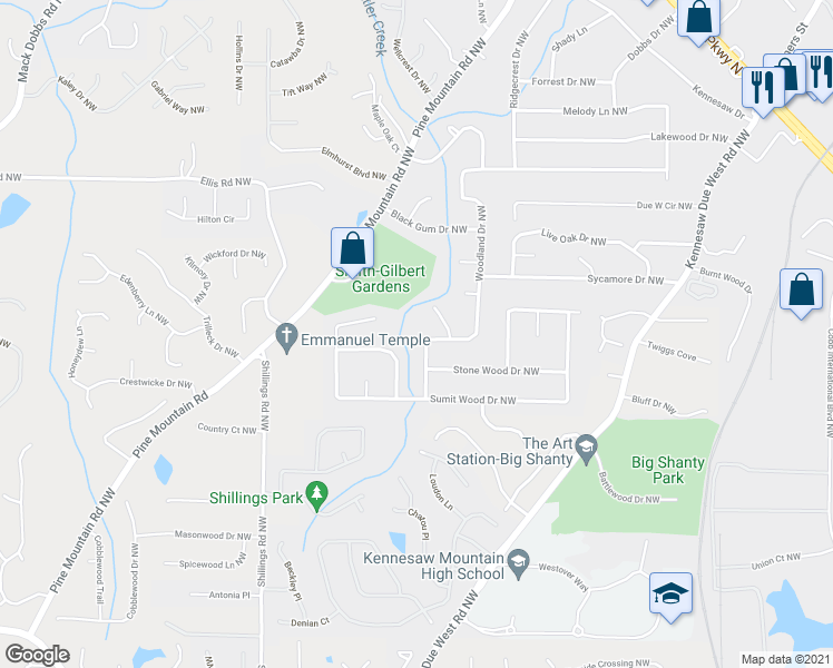 map of restaurants, bars, coffee shops, grocery stores, and more near 5040 Woodland Drive Northwest in Kennesaw