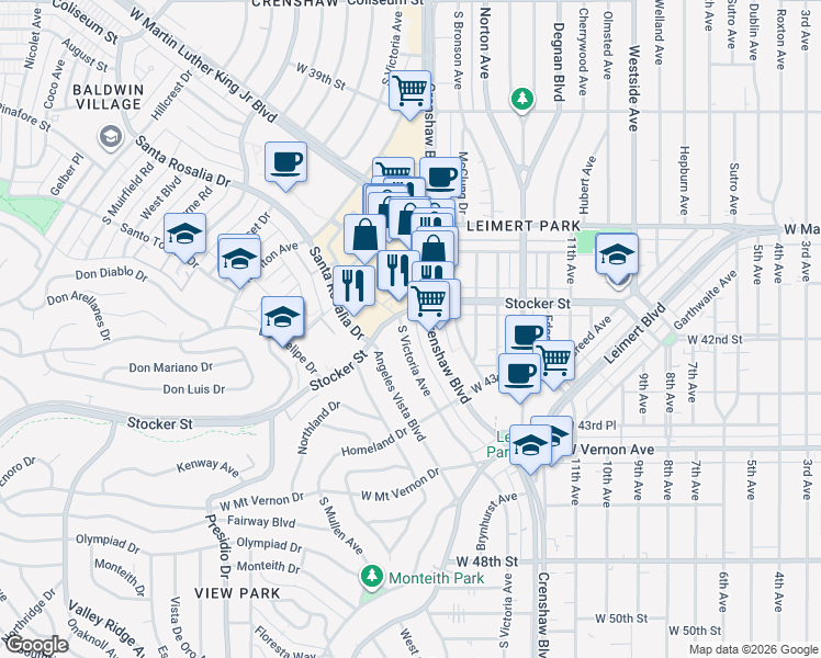 map of restaurants, bars, coffee shops, grocery stores, and more near 4116 South Victoria Avenue in Los Angeles