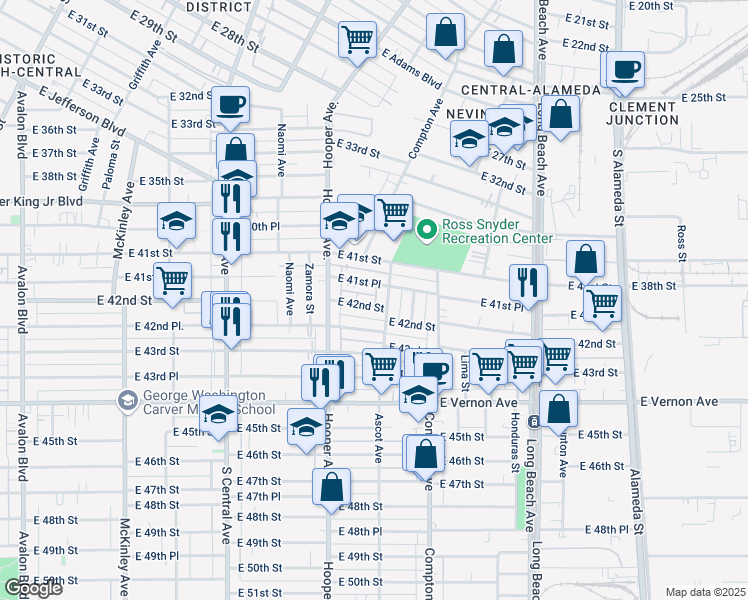 map of restaurants, bars, coffee shops, grocery stores, and more near 1372 East 41st Place in Los Angeles