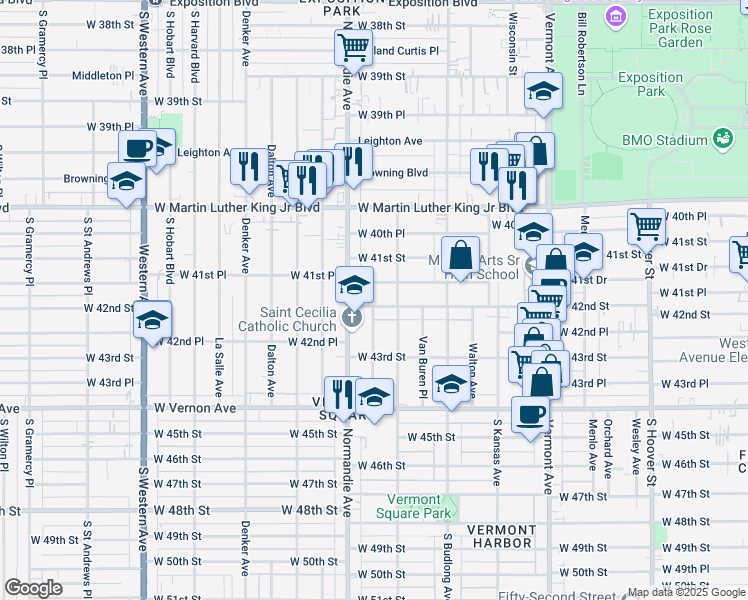 map of restaurants, bars, coffee shops, grocery stores, and more near 1327 West 42nd Street in Los Angeles