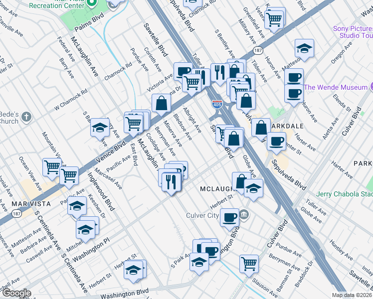 map of restaurants, bars, coffee shops, grocery stores, and more near 3930 Minerva Avenue in Los Angeles