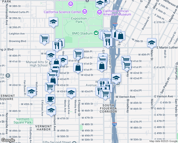 map of restaurants, bars, coffee shops, grocery stores, and more near 632 West 41st Place in Los Angeles
