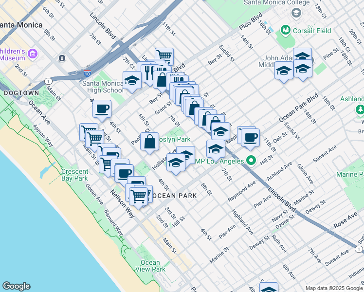 map of restaurants, bars, coffee shops, grocery stores, and more near 2419 Beverley Avenue in Santa Monica
