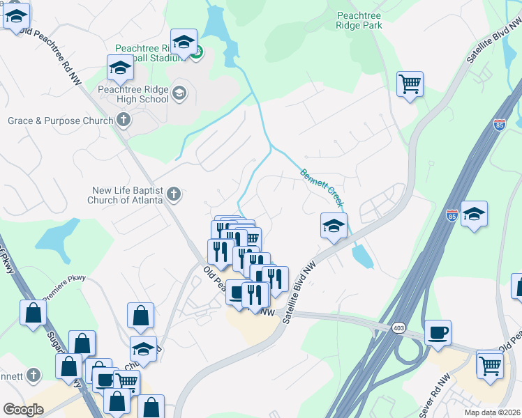 map of restaurants, bars, coffee shops, grocery stores, and more near 3049 Savannah Walk Lane in Suwanee