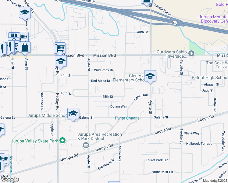 map of restaurants, bars, coffee shops, grocery stores, and more near 8437 45th Street in Riverside