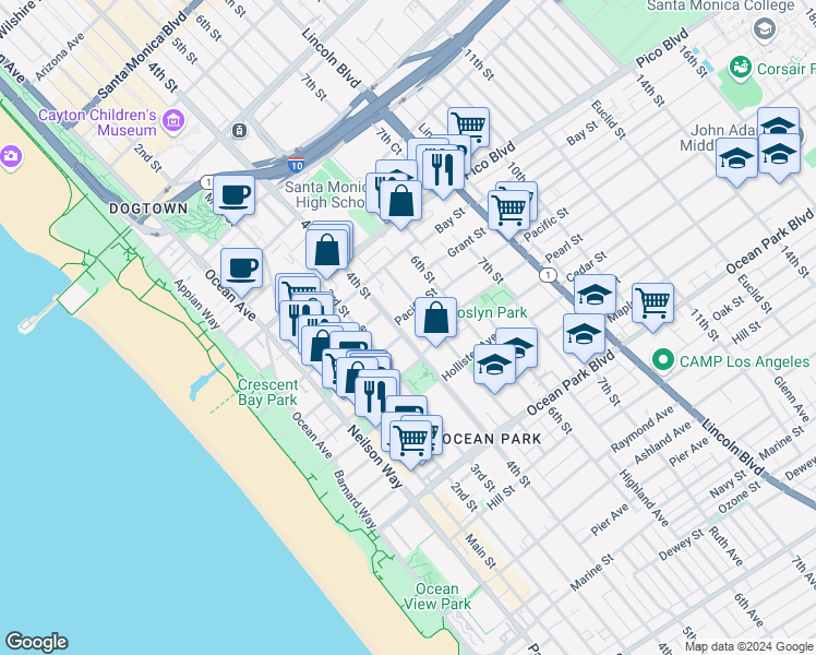 map of restaurants, bars, coffee shops, grocery stores, and more near 2211 4th Street in Santa Monica