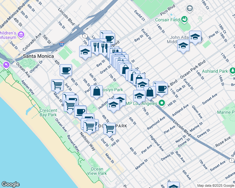 map of restaurants, bars, coffee shops, grocery stores, and more near 2419 Beverley Avenue in Santa Monica
