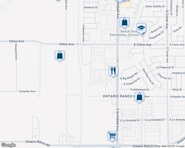 map of restaurants, bars, coffee shops, grocery stores, and more near 3644 Shale Avenue in Ontario