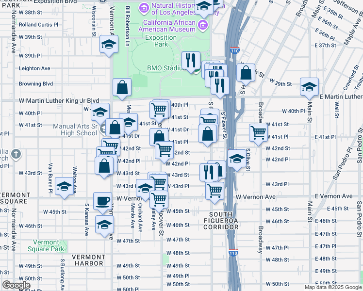 map of restaurants, bars, coffee shops, grocery stores, and more near 632 West 41st Place in Los Angeles