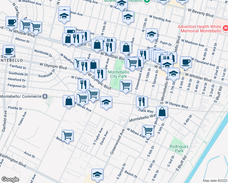 map of restaurants, bars, coffee shops, grocery stores, and more near 1309 West Olympic Boulevard in Montebello
