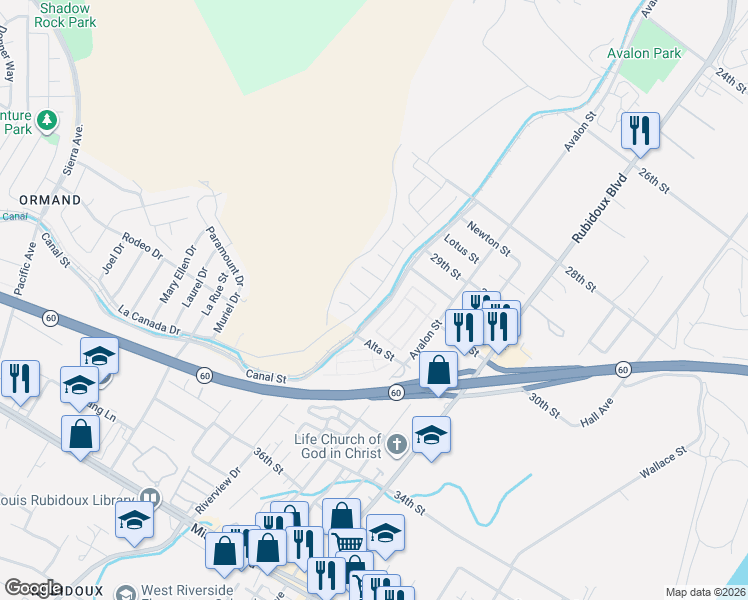 map of restaurants, bars, coffee shops, grocery stores, and more near 7536 La Canada Drive in Jurupa Valley