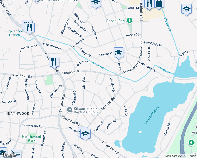 map of restaurants, bars, coffee shops, grocery stores, and more near 8 Churchill Circle in Columbia