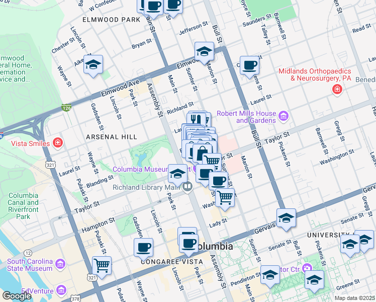 map of restaurants, bars, coffee shops, grocery stores, and more near 1117 Blanding Street in Columbia