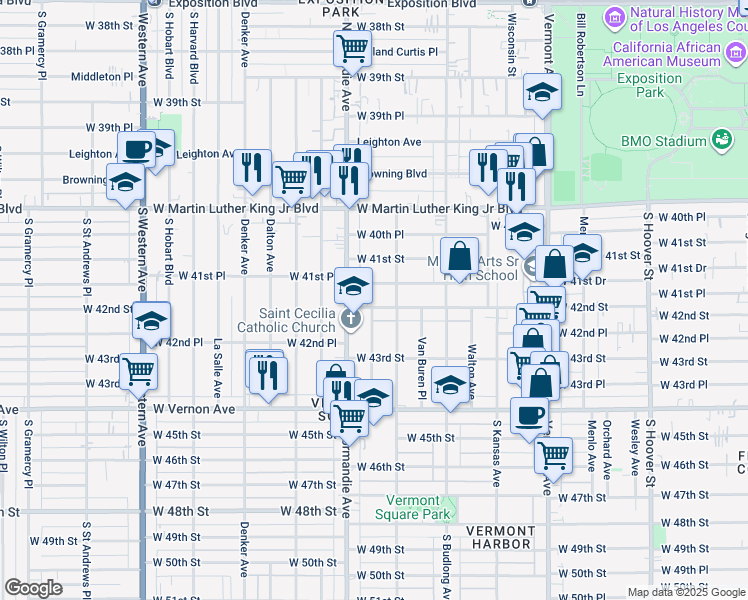map of restaurants, bars, coffee shops, grocery stores, and more near 1327 West 42nd Street in Los Angeles