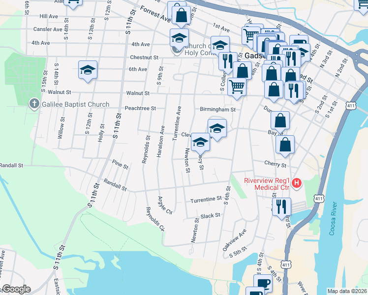 map of restaurants, bars, coffee shops, grocery stores, and more near 503 Newton Street in Gadsden