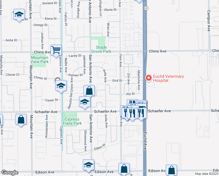 map of restaurants, bars, coffee shops, grocery stores, and more near Julian Avenue in Chino